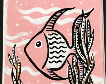 Pink and Black Mid Century Modern Eames Style Fish Print