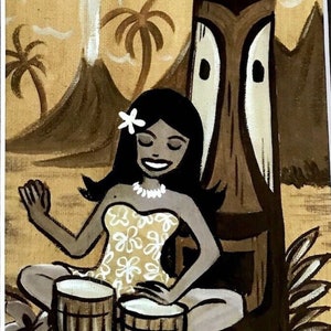 Tiki Bongos Girl Original Art Print 8X10 matted, ready to frame