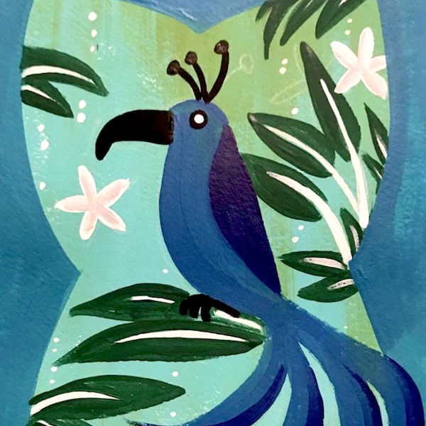 Tropical Mid-Century Blue Tiki Bird Art Print with Plumerias Matted, Ready to Frame  8X10