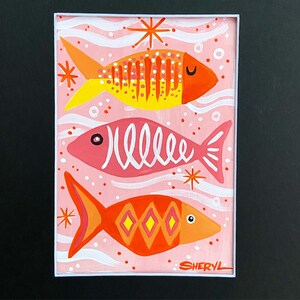 Pink and Orange Retro Mid-Century Modern Fish Print Original Art