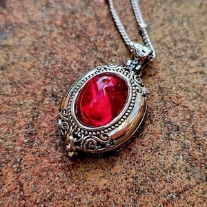 Vintage Style Silver Oval Ruby Locket Victorian jewellery red antique retro photo locket keepsake memory necklace romantic Art Nouveau