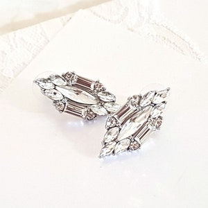 Vintage Art Deco Style Stud Earrings Geometric hexagon clear baguette navette marquise crystals Gatsby diamonds retro antique silver studs