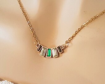 Art Deco Emerald Baguette Necklace: Gold Green Crystal Pendant