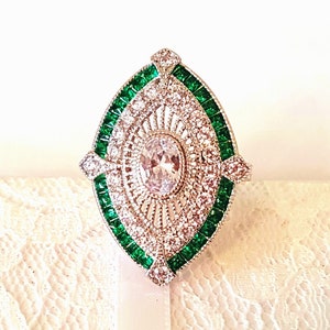 Vintage Style Art Deco Silver Ring emerald green zirconia statement cocktail oval stone geometric large antique setting retro Gatsby jewelry
