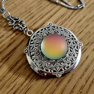 Pink Aurora Borealis Northern Lights Silver Locket vintage stainless steel gift for her Mothers day Valentines romantic love colour changing