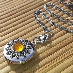 Tiny Sun Locket sunflower small dainty silver yellow november birthstone topaz vintage style petite floral victorian edwardian stainless