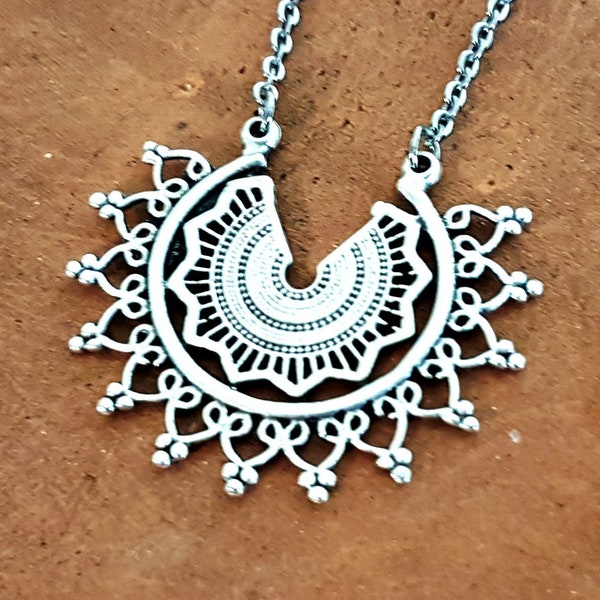 Goddess Necklace Lotus Mandala Silver Crescent Semi Circle spiritual ethnic boho bohemian gypsy tribal antique style Venus pendant trending