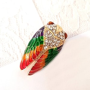 Vintage Enamel Cicada Brooch: Gold Insect Pin with Crystals