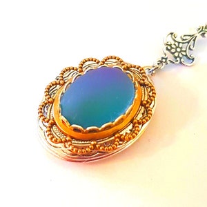 Vintage Style Aurora Borealis Northern Lights Silver Locket oval blue green purple frosted sea glass Mothers day Valentines romantic love