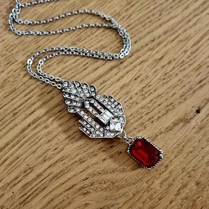 Art Deco Ruby Red Crystal Necklace: Silver Gatsby Geometric Rectangle Pendant