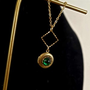 Tiny Gold Locket with Emerald Green Gem Vintage dainty delicate small petite retro victorian geometric square brass minimalist necklace