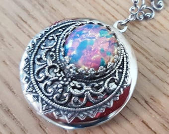Opal Moon Locket Necklace: Vintage Glass Opal, Silver Filigree, Victorian Style