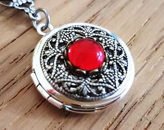 Tiny Round Silver Ruby Locket Necklace Victorian vintage style red july birthstone dainty small delicate Valentines Day gift for her