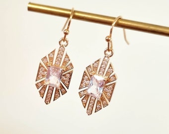 Art Deco Gold Drop Earrings: Rectangle Cubic Zirconia, Dainty Geometric Style
