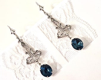 Vintage Art Deco Sapphire Earrings: Montana Blue Crystal, Silver Geometric Dangles