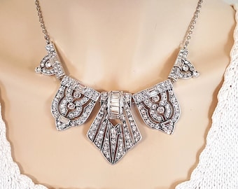 Vintage Art Deco Kristall Halskette: Silber Statement Schmuck, Gatsby Hochzeit