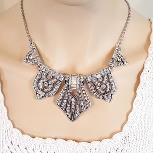 Vintage Art Deco Crystal Necklace: Silver Statement Jewelry, Gatsby Wedding