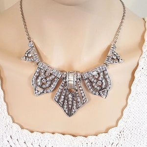 Rare Vintage Art Deco Style Necklace silver crystals statement jewelry geometric bridal wedding retro antique Gatsby luxury fancy dress