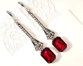 Très longues boucles d'oreilles pendantes art déco en rubis : bijoux tendance en argent style Gatsby
