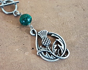 Scottish Thistle Necklace: Malachite Stone, Silver Pendant