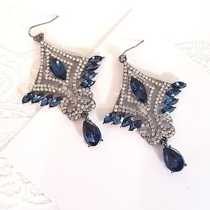 Vintage Style Art Nouveau  Sapphire Crystal Chandelier Drop Earrings elaborate ornate blue black statement earrings romantic gift Gatsby
