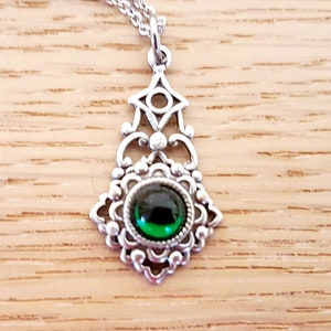 Vintage Style Silver Emerald Necklace Victorian dainty delicate pendant green emerald filigree bridal wedding party ornate small jewellery