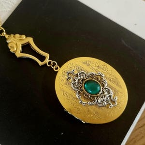 Vintage Style Large Oval Locket Necklace: Gold Brass, Green Gem, Victorian Pendant