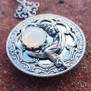 Moon Goddess Selene (aka Luna) round silver locket necklace  vintage Czech glass white opal moonstone filigree  crescent full moon lunar