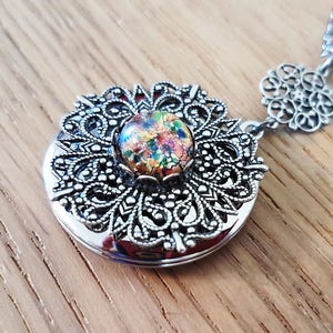 Opal Snowflake Round Silver Victorian Vintage Style Locket - filigree flower snow winter bridal wedding jewelry pendant mother's day