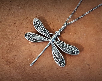 Vintage Style Art Nouveau Dragonfly Necklace: Oxidized Silver Pendant