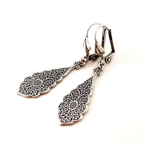 Dainty Silver Art Nouveau Drop Earrings lever back floral teardrop intricate ornate flourish feminine gift for her Mother&#39;s day vintage