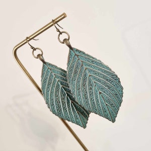 Verdigris Bronze Leaf Earrings: Boho Dangle Statement Jewelry