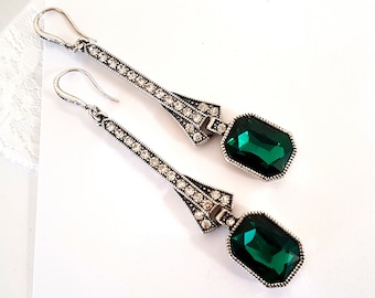 Large Silver Vintage Style Art Deco Earrings Emerald Green Drops statement long geometric crystal Gatsby retro antique May birthstone