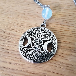 Triple Moon Goddess Pentacle Celtic Knot Necklace silver wicca witchcraft jewelry pagan opalite magik witch coven sisters practicing magic