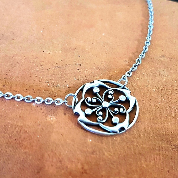 Art Nouveau Cherry Blossom Silver Necklace sakura mandala round floral flower blossom ornate dainty delicate pendant vintage style antique