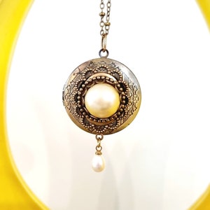 Victorian Style Pearl Locket Necklace: Bronze Floral Keepsake