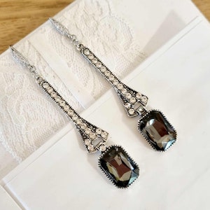 Very Long Black Diamond Glass Crystal Art Deco Earrings: Vintage Silver Gatsby Jewellery