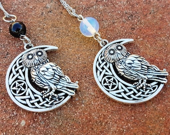 Owl and Crescent Moon Pentacle Necklace: Celtic Knot Witchcraft Pendant