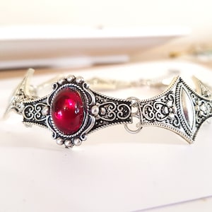 Vintage Style Ruby Choker Necklace silver Victorian oval Czech glass gem floral embossed antique day collar retro gift for her anniversary