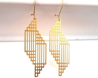 Art Deco Geometric Drop Earrings: Raw Brass Modern Urban Dangle