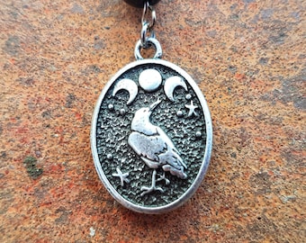 Triple Moon Raven Pendant Necklace: Gothic Wicca Jewelry