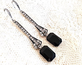 Very Long Vintage style  Art Deco Black Octagon Drop Earrings: Silver Gatsby Style