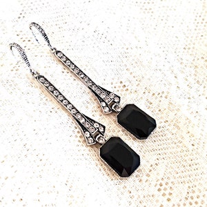 Vintage Art Deco Black Onyx Octagon Drop Earrings: Silver Gatsby Style