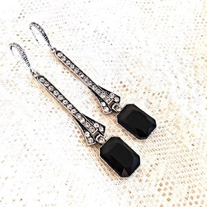 Vintage Art Deco Black Drop Earrings silver statement dangle long geometric crystal octagon Gatsby retro antique jet black opaque gem