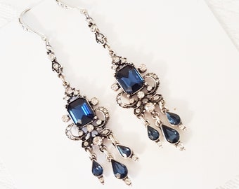 Vintage Style Earrings Sapphire Blue Crystals Baroque Silver Chandelier rococo Edwardian Victorian statement bridal wedding Gatsby emerald