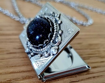Book of Galaxies Rectangle Locket Necklace: Vintage style Victorian Sandstone Silver