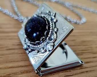 Book of Galaxies Silver Rectangle Locket Necklace vintage style blue sandstone gothic victorian black antique style book of shadows witch