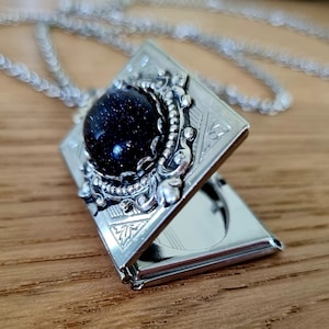 Book of Galaxies Silver Rectangle Locket Necklace vintage style blue sandstone gothic victorian black antique style book of shadows witch