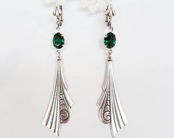 Silver Art Deco Drop Earrings with Swarovski Emerald Rhinestones  - vintage style silver wedding bridal long dangle drop statement earrings