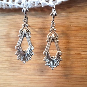 Art Deco Silver Drop Earrings: Ornate Vintage Style Lever Back